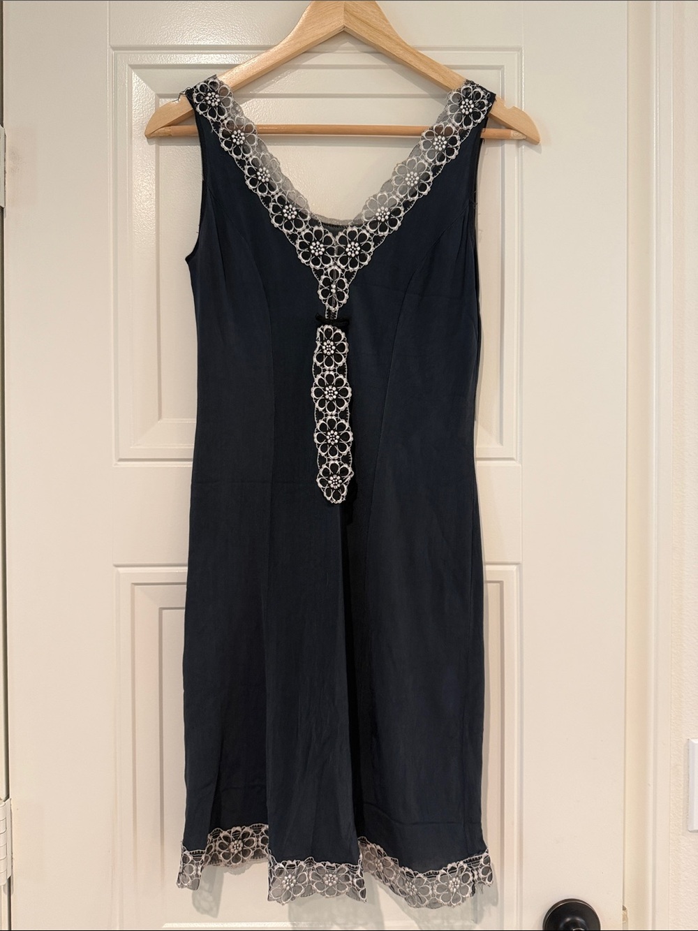 Sleeveless Slip Dress with White Flower Lace Trim